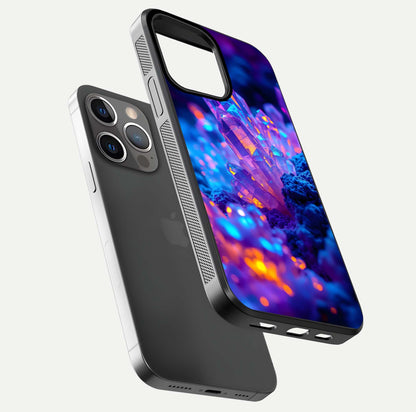 Neon Aura Shards Glass Case for iPhone 13 Pro floating dual-view mockup showing HD shine and shard texture