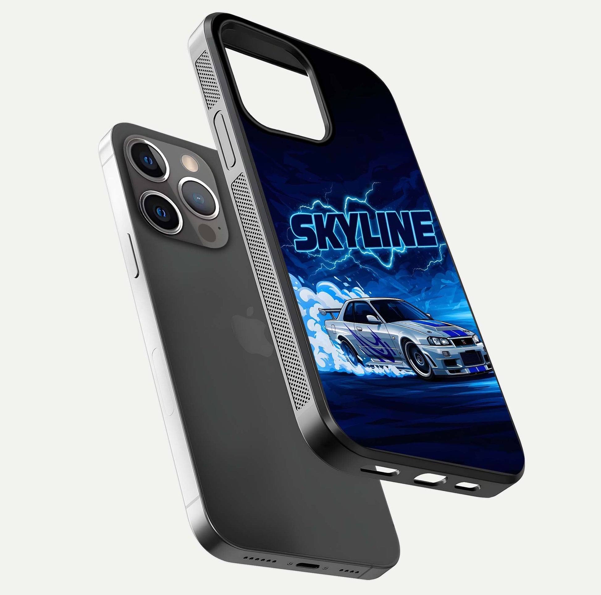 Neon Drift Beast Glass Case for iPhone 13 Pro floating dual-view mockup showing gloss texture and motion glow