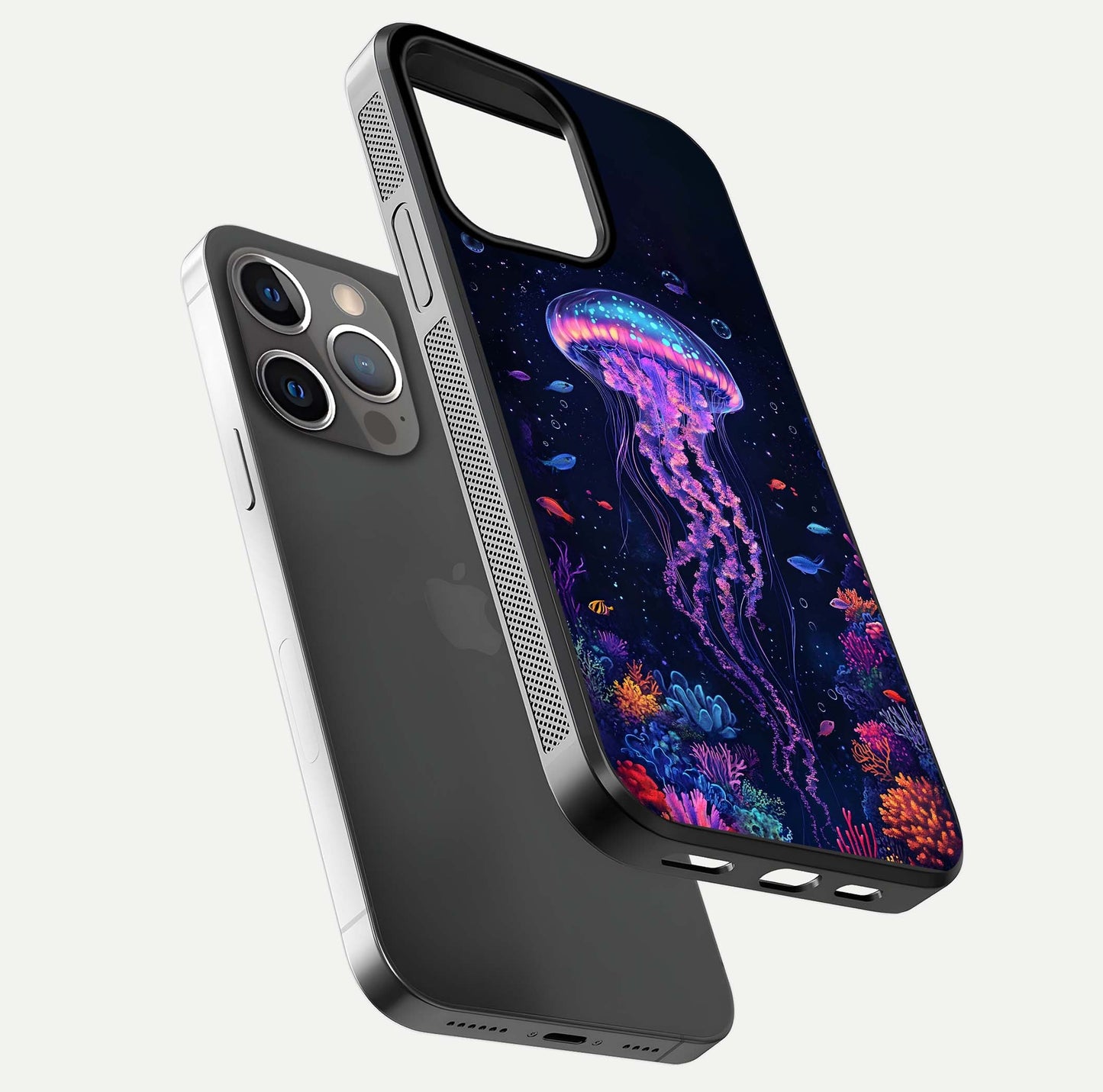 Neon Jellyfish Glass Case for iPhone 13 Pro floating dual-view mockup showing gloss texture and underwater glow