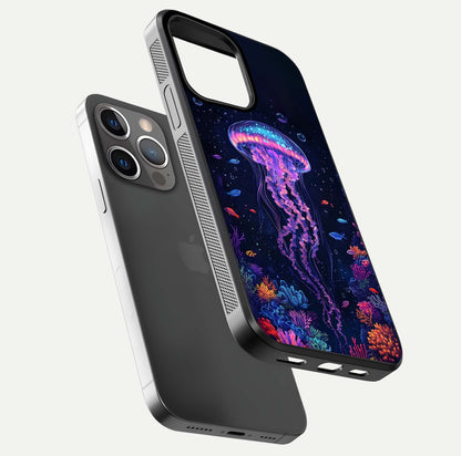Neon Jellyfish Glass Case for iPhone 13 Pro floating dual-view mockup showing gloss texture and underwater glow