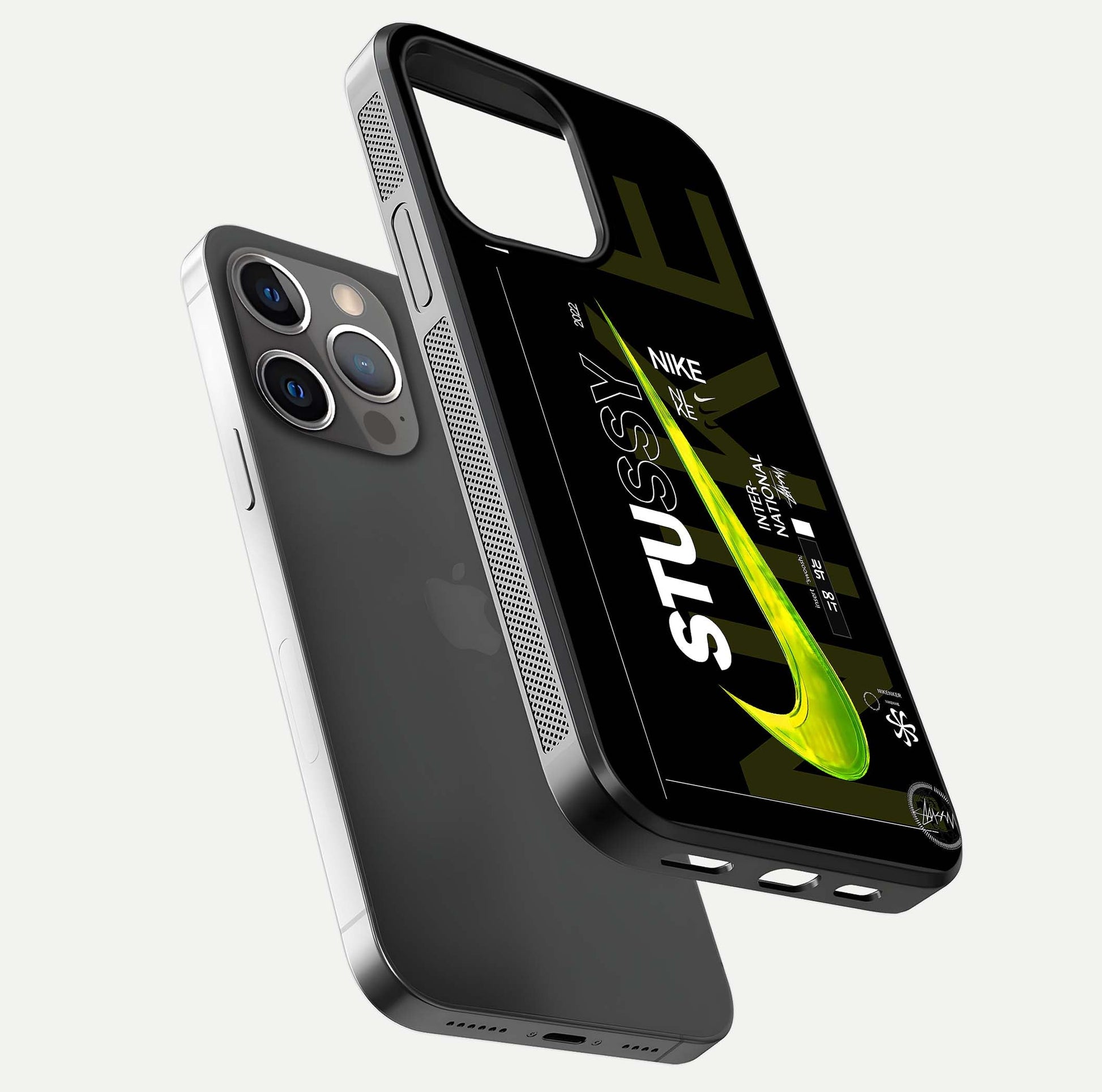 Neon Street Edition Glass Case for iPhone 13 Pro floating dual-view mockup showing HD gloss and neon glow