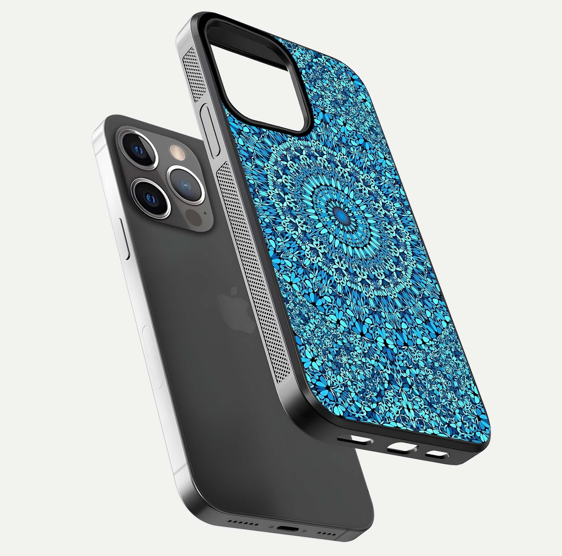 Ocean Bloom Mandala Glass Case for iPhone 13 Pro floating dual-view mockup showing gloss texture and print depth