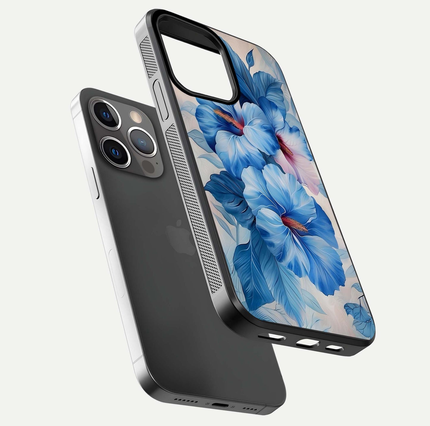 Ocean Hibiscus Grace Glass Case for iPhone 13 Pro floating dual-view mockup showing gloss reflection and print clarity