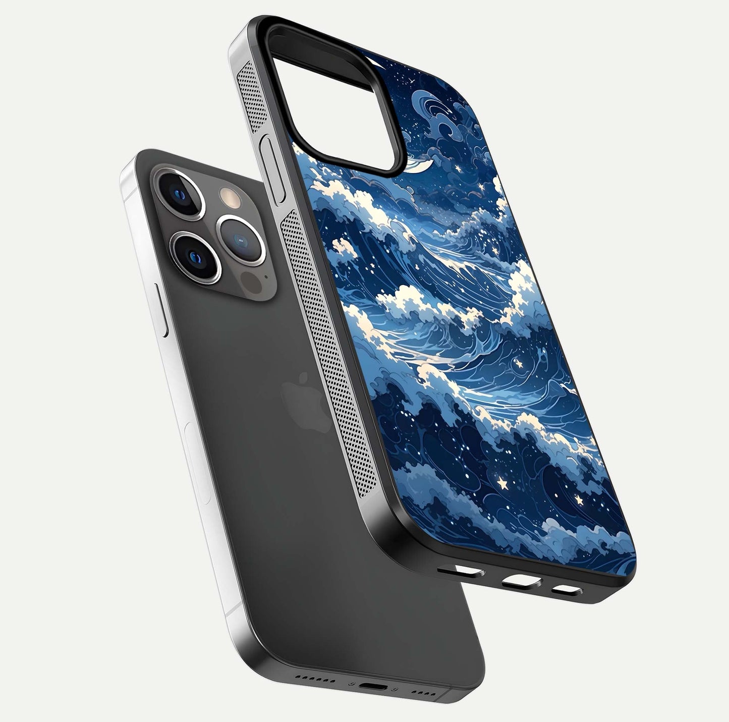Ocean Moon Waves Glass Case for iPhone 13 Pro floating dual-view mockup showing gloss texture and moon glow