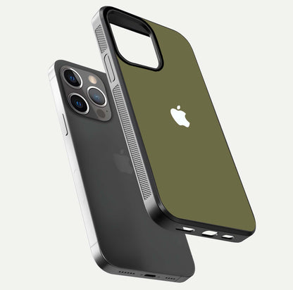Olive Matte Essence Glass Case for iPhone 13 Pro floating dual-view mockup showing matte gloss and depth