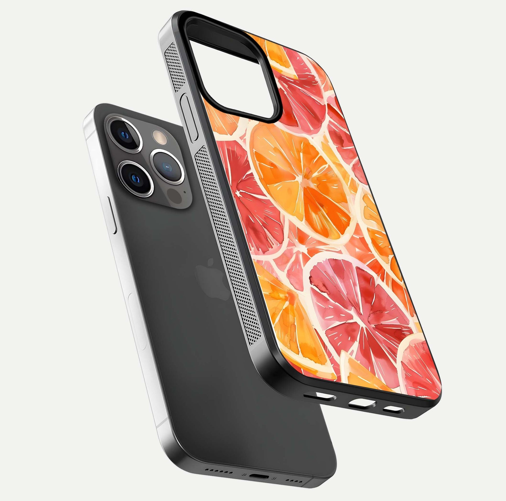 Orange Fruits Pattern Glass Case for iPhone 13 Pro floating dual-view mockup showing gloss reflection and HD tone