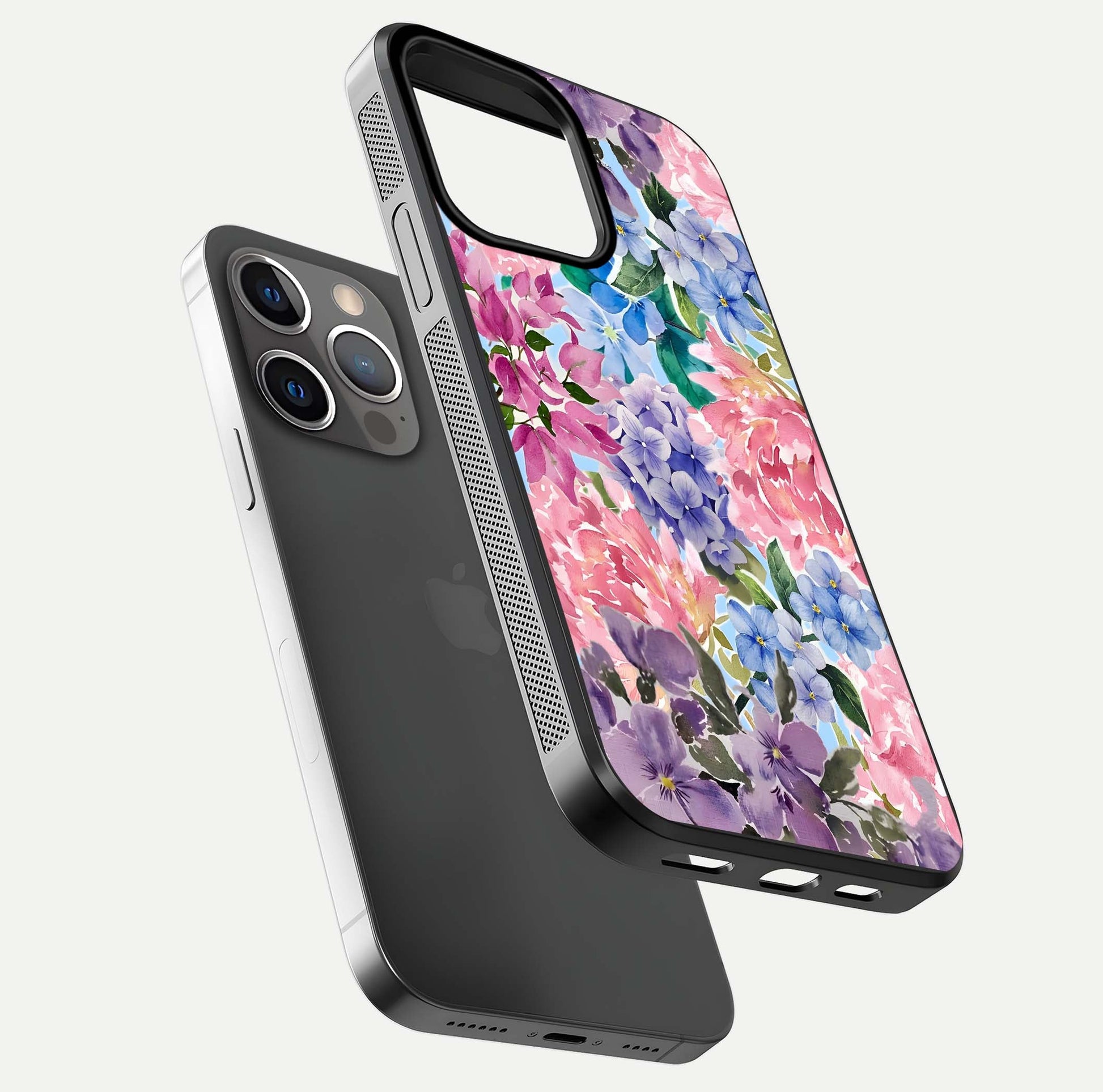 Pastel Floral Mix Glass Case for iPhone 13 Pro floating dual-view mockup showing HD gloss and floral texture