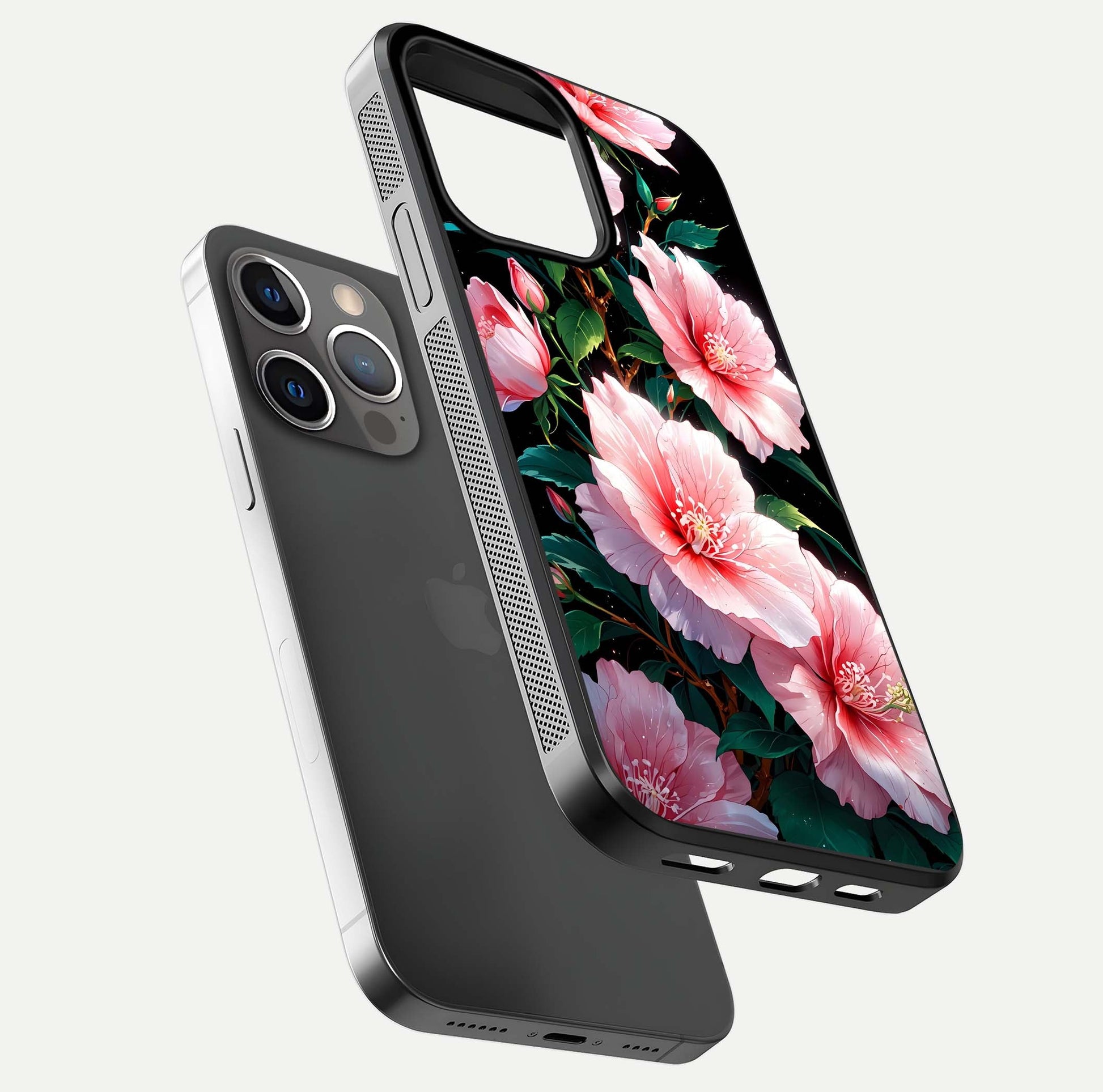 Peach Flower Glass Case for iPhone 13 Pro floating dual-view mockup displaying shine and delicate flower art
