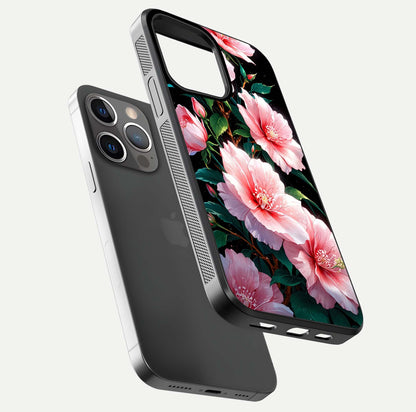 Peach Flower Glass Case for iPhone 13 Pro floating dual-view mockup displaying shine and delicate flower art