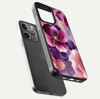 Pink Bouquet Florals Glass Case for iPhone 13 Pro floating dual-view mockup showing gloss surface and color depth
