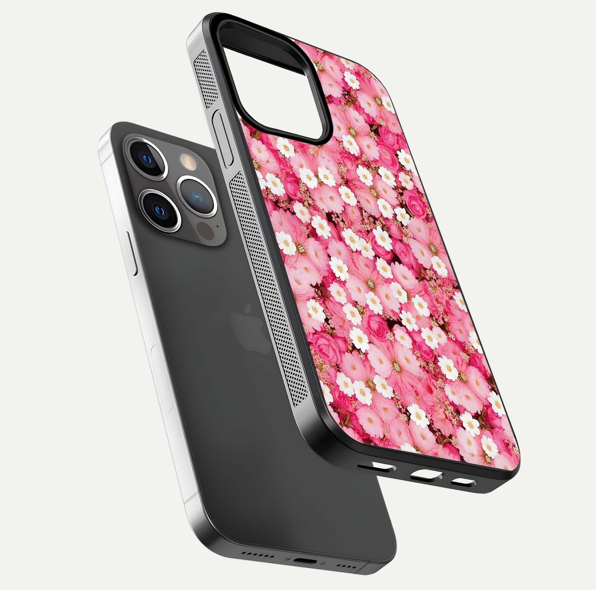 Pink Daisy Bliss Glass Case for iPhone 13 Pro floating dual-view mockup displaying gloss shine and pastel tones