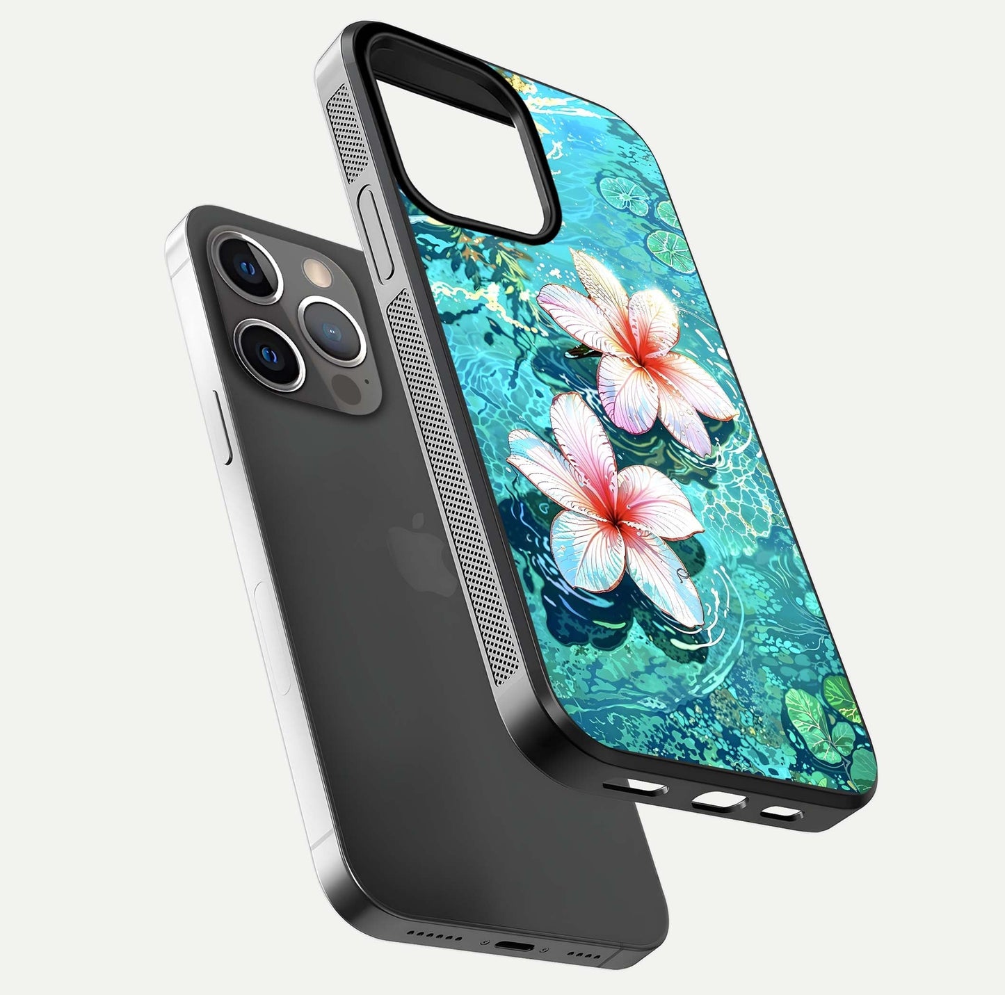 Pink Flowers in Water Glass Case for iPhone 13 Pro floating dual-view mockup showing gloss and floral clarity