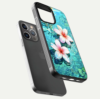 Pink Flowers in Water Glass Case for iPhone 13 Pro floating dual-view mockup showing gloss and floral clarity