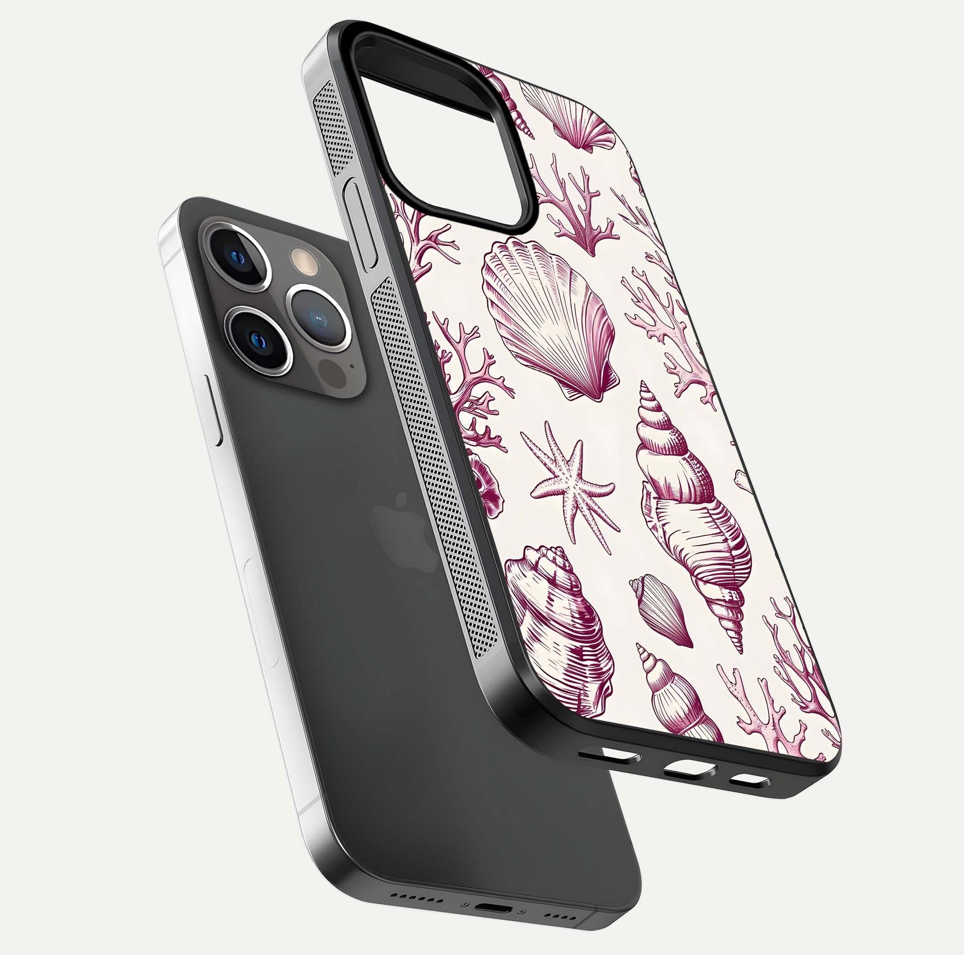 Pink Shells Outline Glass Case for iPhone 13 Pro floating dual-view mockup displaying gloss and ocean vibe