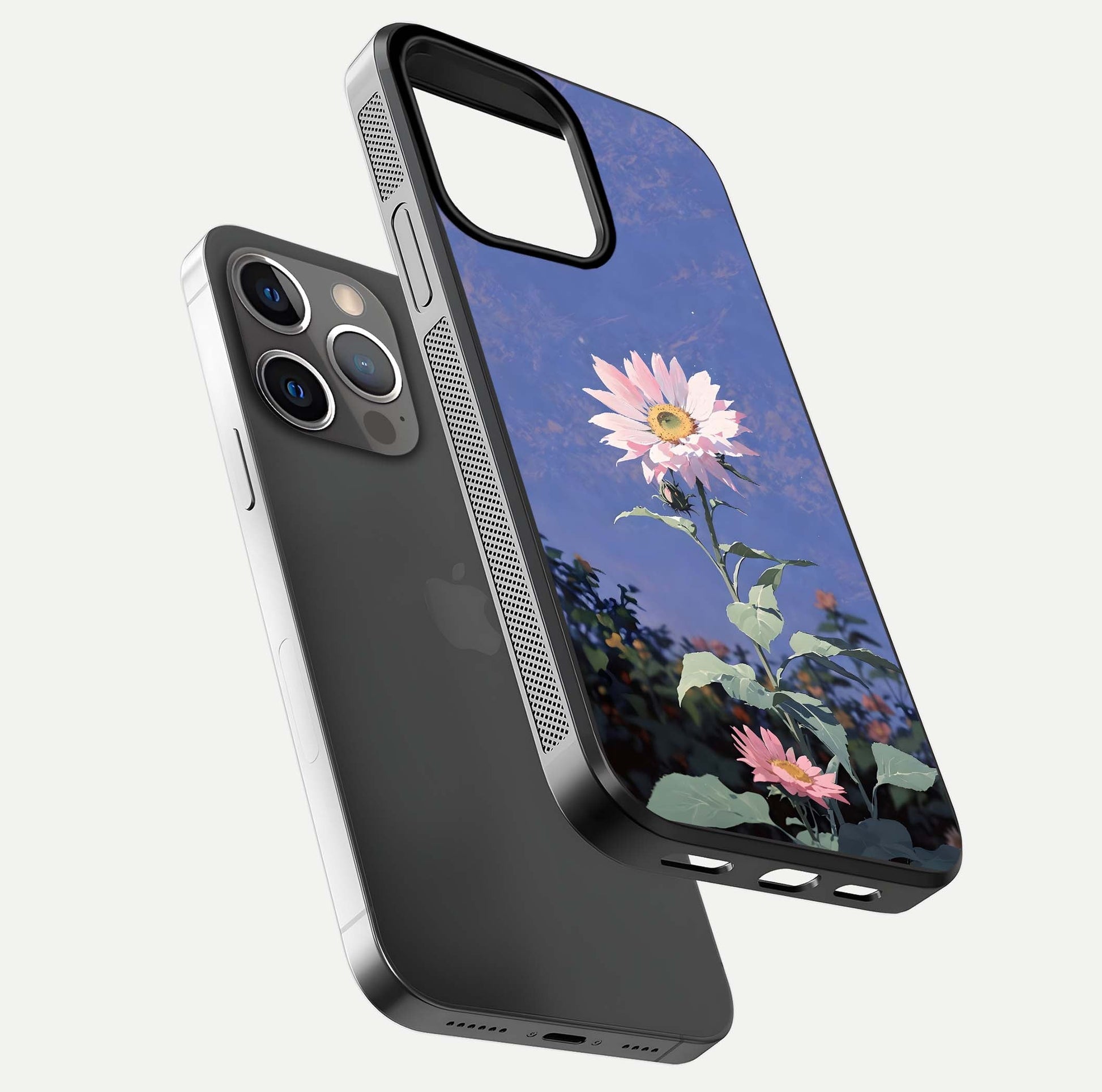 Pink Sunflower Glow Glass Case for iPhone 13 Pro floating dual-view mockup showing gloss reflection and design depth