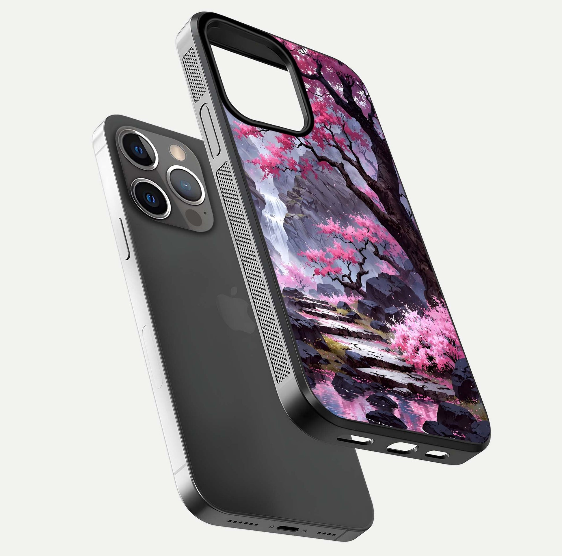Pinkish Scenery Glass Case for iPhone 13 Pro floating dual-view mockup displaying gloss shine and artistic tone