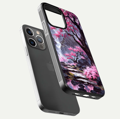 Pinkish Scenery Glass Case for iPhone 13 Pro floating dual-view mockup displaying gloss shine and artistic tone