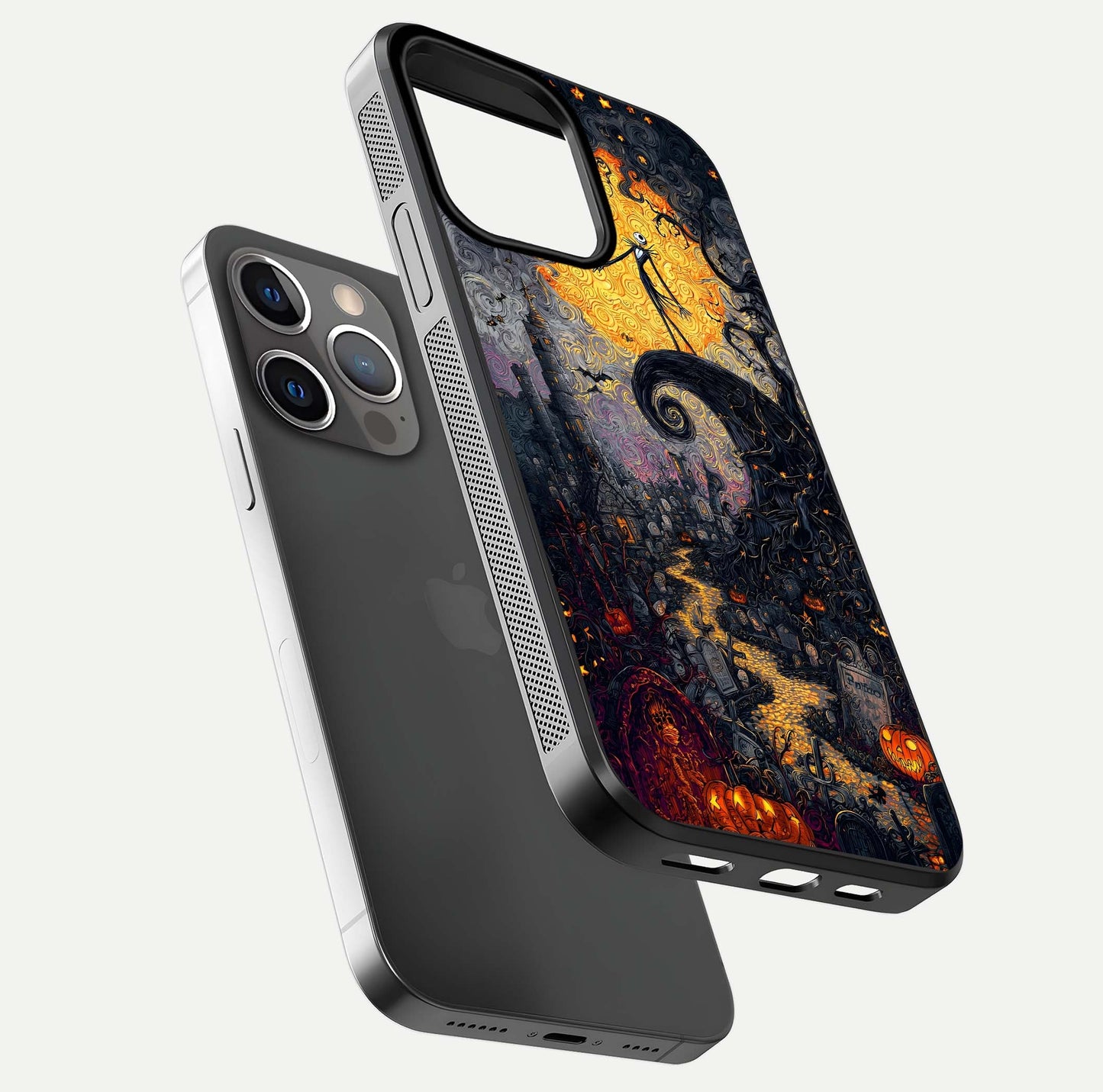 Pumpkin Moon Night Glass Case for iPhone 13 Pro floating dual-view mockup showing HD gloss and spooky detail