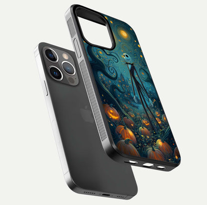 Pumpkin Moonlight Tale Glass Case for iPhone 13 Pro floating dual-view mockup showing HD gloss and eerie design