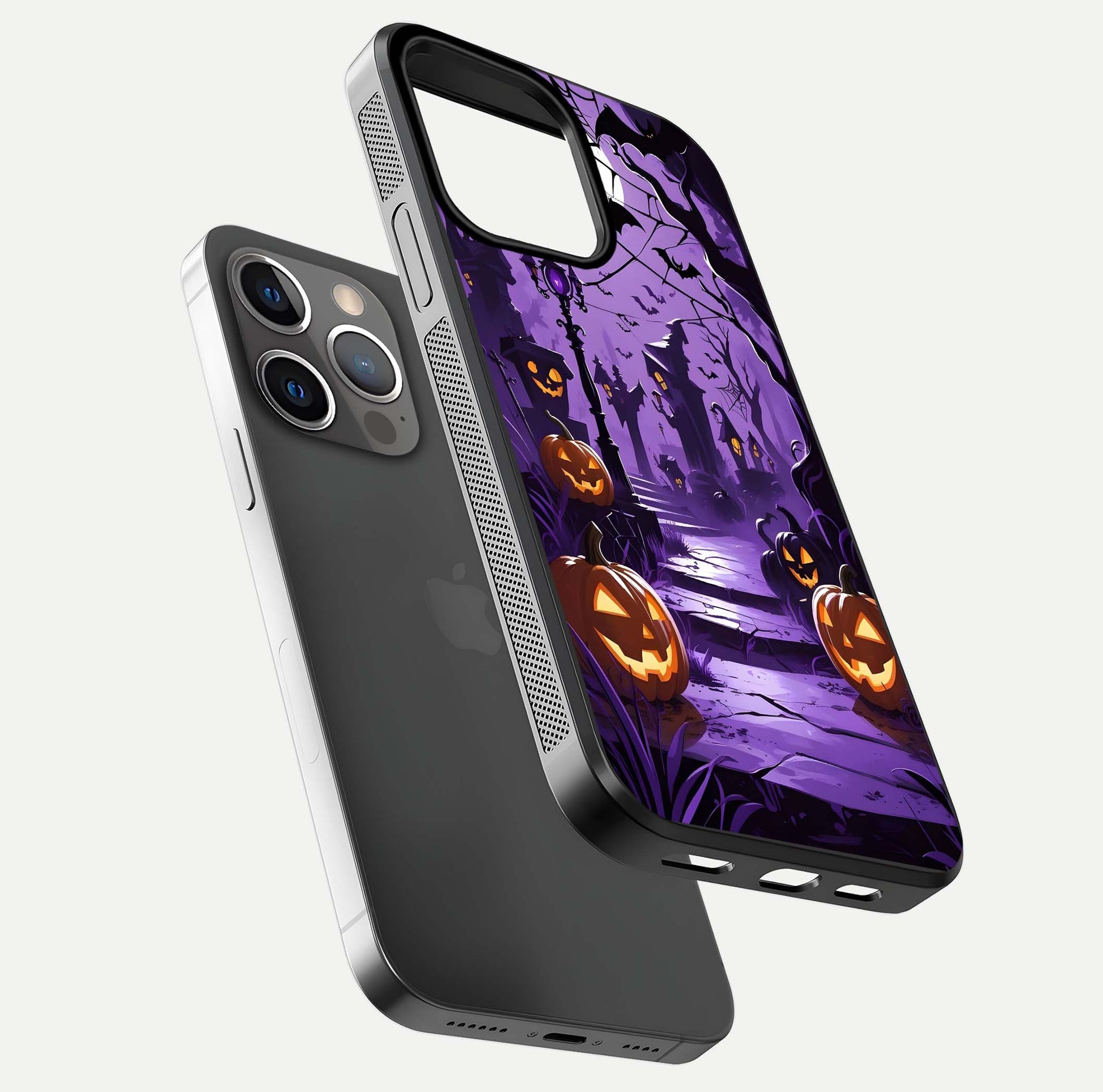 Pumpkin Patch Halloween Glass Case for iPhone 13 Pro floating dual-view mockup displaying gloss and dark tone