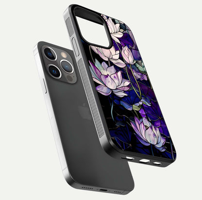 Purple Lotus Pattern Glass Case for iPhone 13 Pro floating dual-view mockup showing glass shine and vivid purple hue