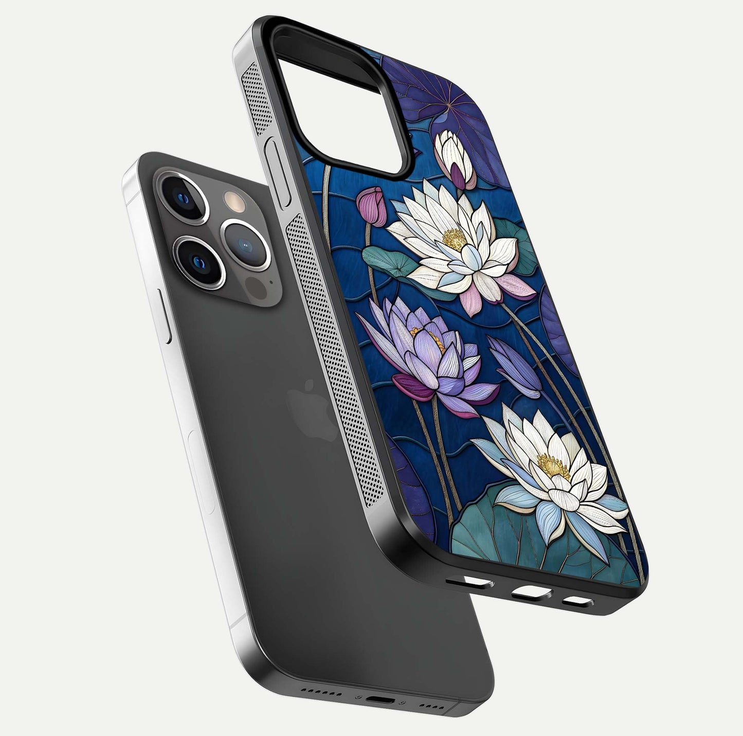 Purple Lotus Stained Glass Case for iPhone 13 Pro floating dual-view mockup displaying color depth and glass clarity