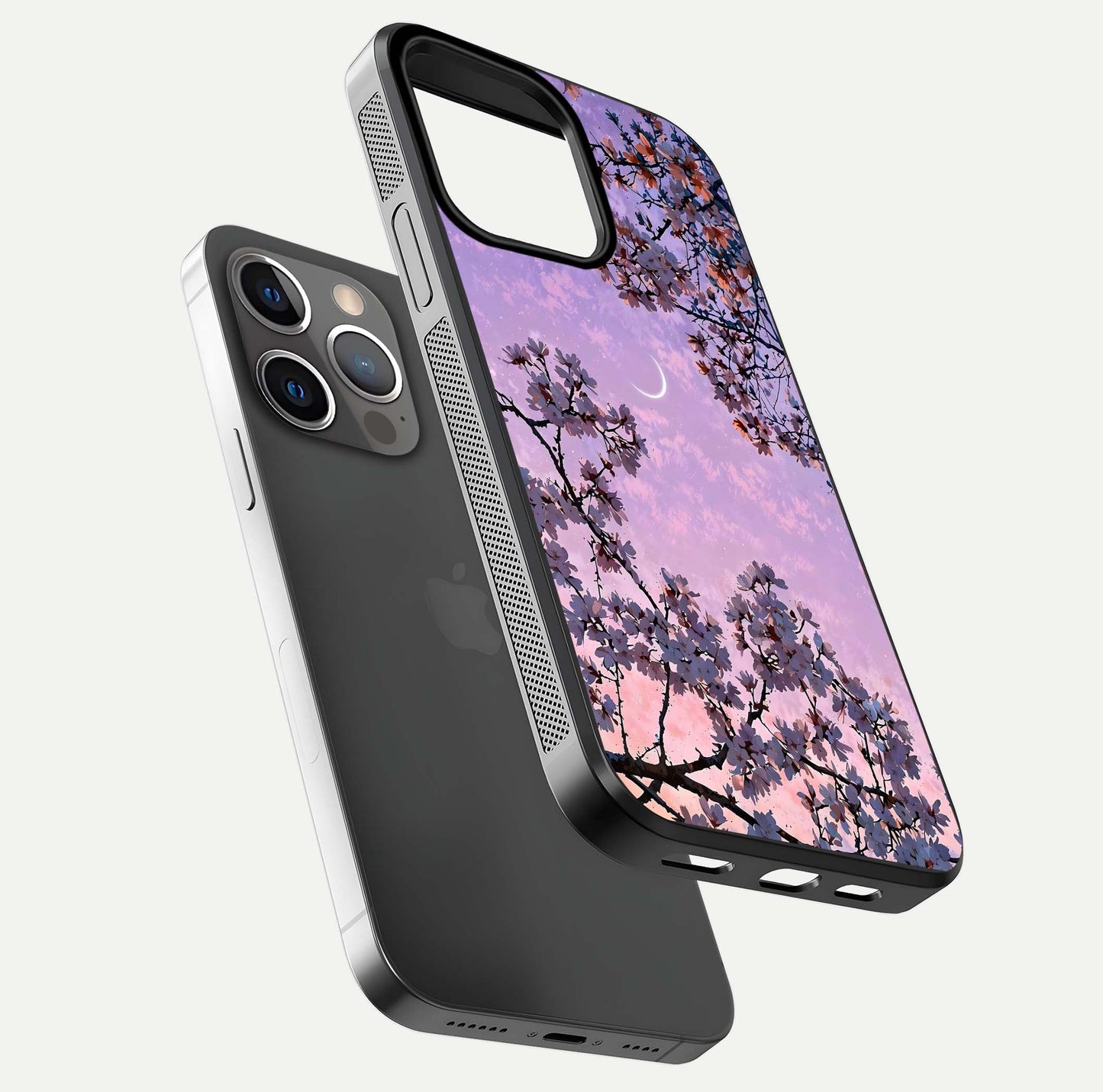Purple Serenity Moon Glass Case for iPhone 13 Pro floating dual-view mockup showing gloss and cosmic detail
