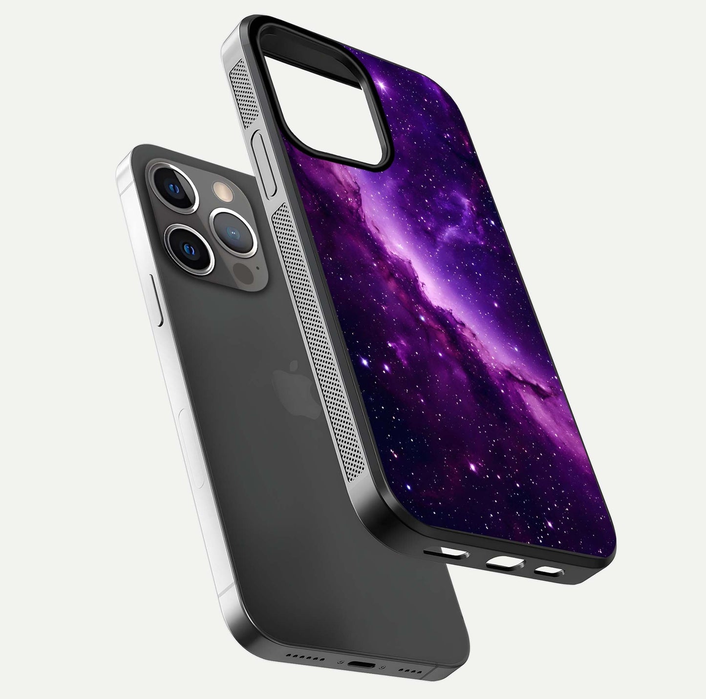 Purple Shade Sky Glass Case for iPhone 13 Pro floating dual-view mockup displaying gloss and sky theme