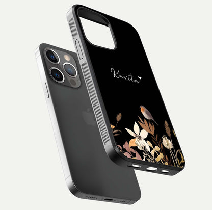 Quiet Garden Tune Custom Name Glass Case for iPhone 13 Pro floating dual-view mockup showing gloss and elegant detail