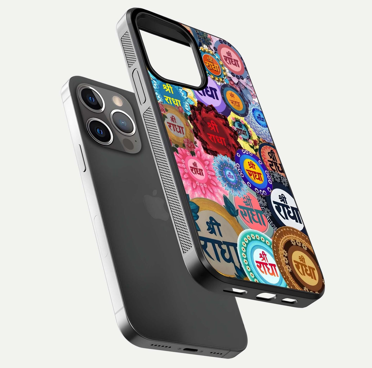 Radha Divine Bloom Glass Case for iPhone 13 Pro floating dual-view mockup showing gloss depth and HD art