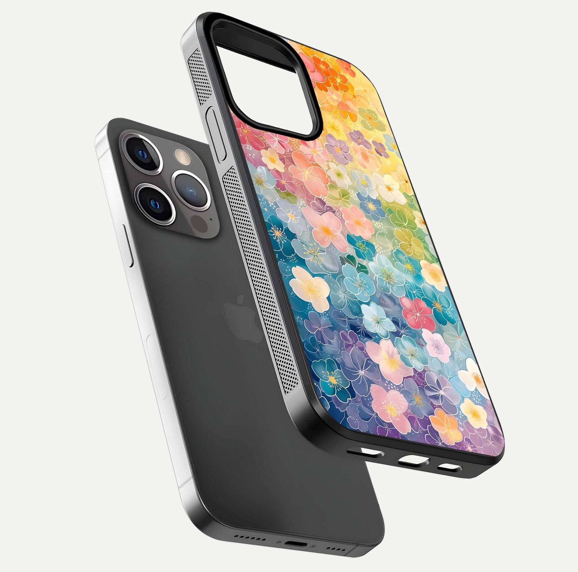 Rainbow Blossom Burst Glass Case for iPhone 13 Pro floating dual-view mockup displaying gloss and gradient pattern