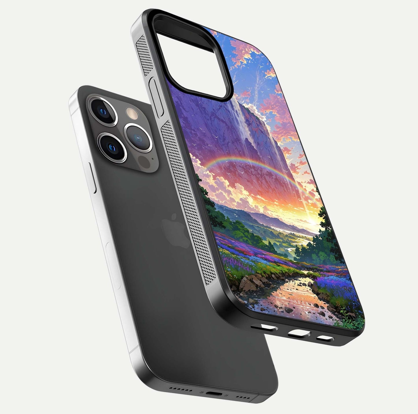 Rainbow Valley Dream Glass Case for iPhone 16 Pro floating dual-view mockup showing gloss texture and dream vibe
