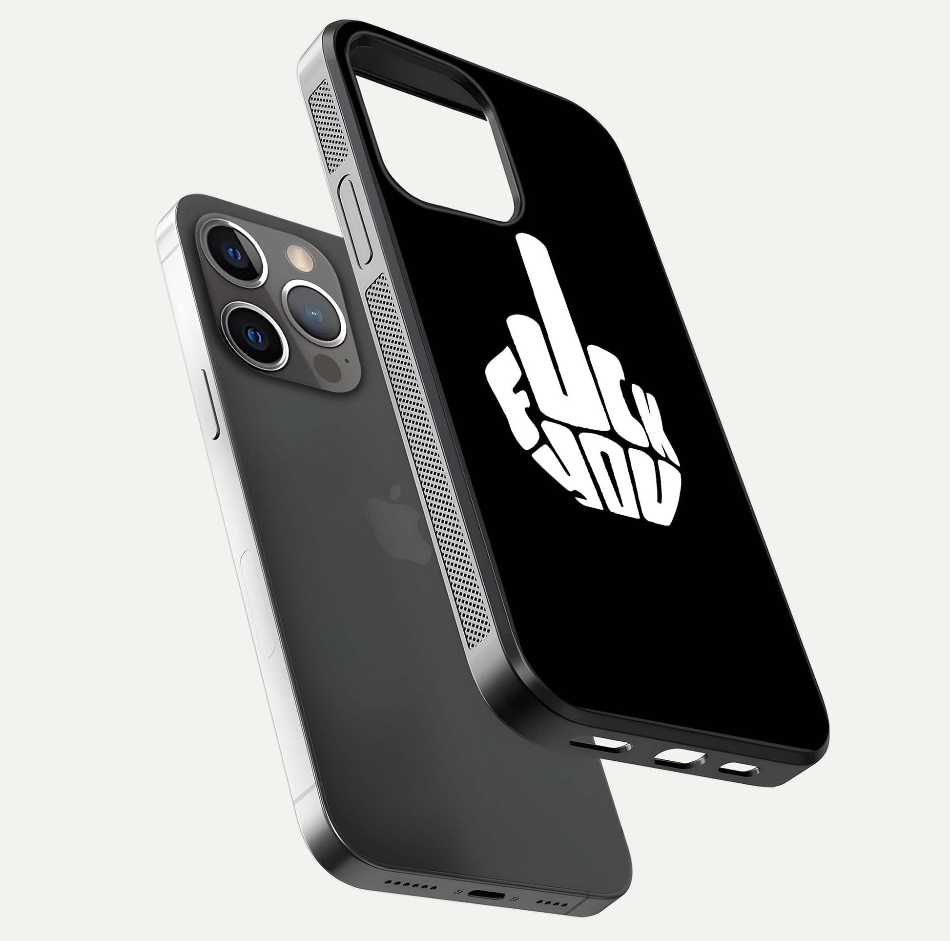 Rebel Mode On Glass Case for iPhone 13 Pro floating dual-view mockup displaying gloss shine and statement art