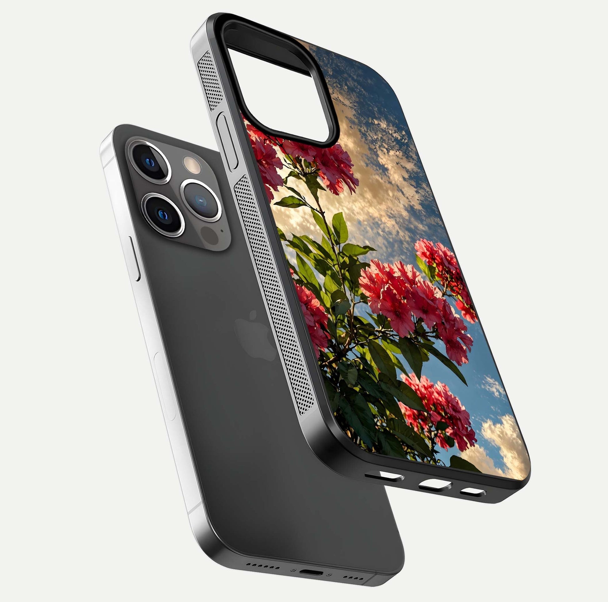 Red Bloom Skies Glass Case for iPhone 13 Pro floating dual-view mockup showing glass gloss and floral pattern
