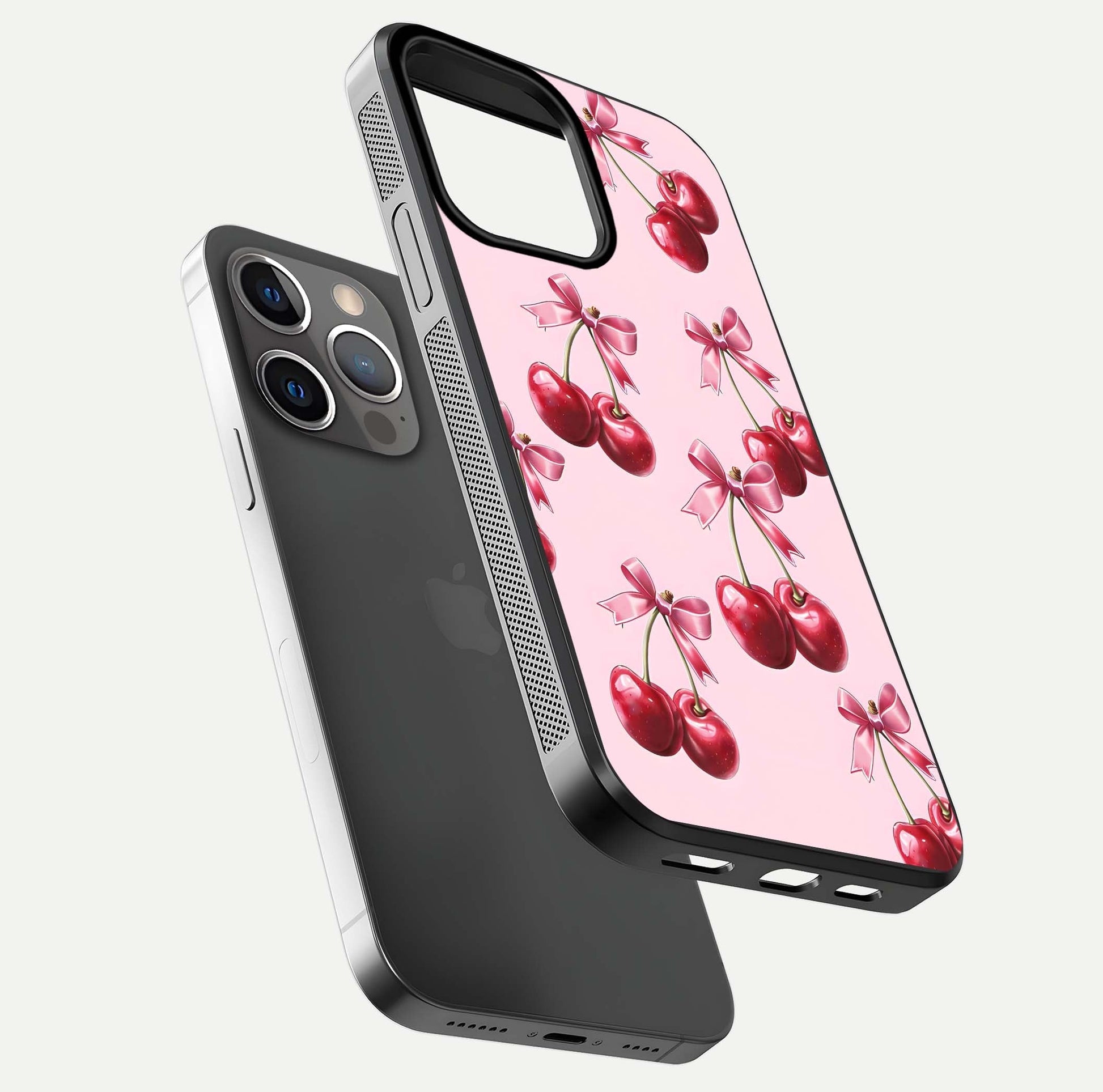 Red Cherries Pattern Glass Case for iPhone 13 Pro floating dual-view mockup showing gloss and color contrast