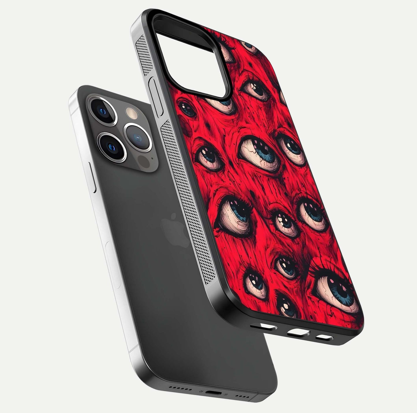 Red Eyes Pattern Glass Case for iPhone 13 Pro floating dual-view mockup displaying reflection and gloss texture