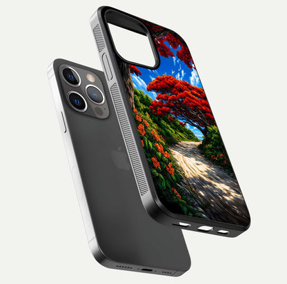 Red Trees Pathway Glass Case for iPhone 13 Pro floating dual-view mockup displaying gloss texture and print depth