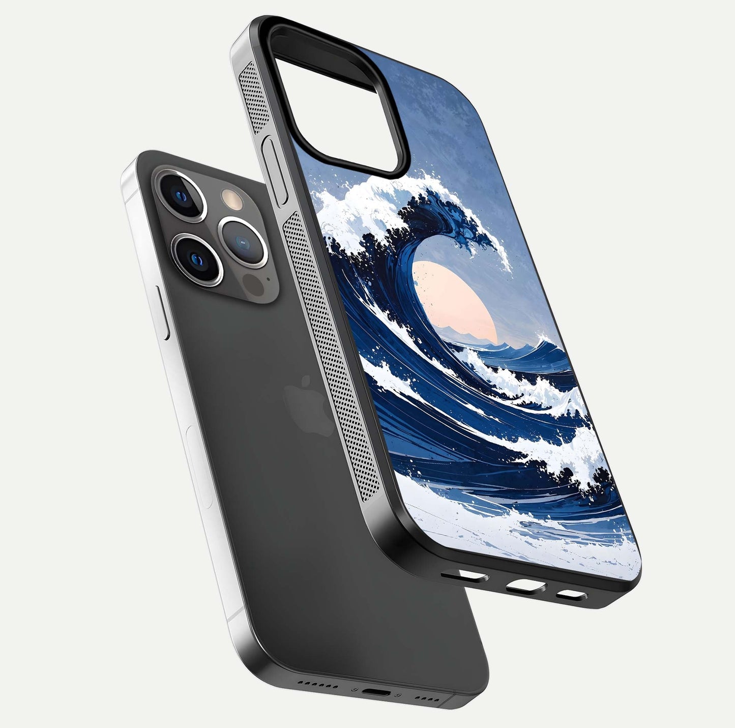 Rising Tide Power Glass Case for iPhone 13 Pro floating dual-view mockup displaying gloss texture and flow pattern