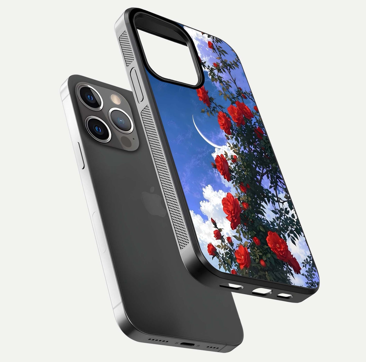 Rose Drift Flowers Glass Case for iPhone 13 Pro floating dual-view mockup showing gloss shine and floral tone