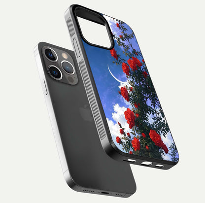 Rose Drift Flowers Glass Case for iPhone 13 Pro floating dual-view mockup showing gloss shine and floral tone