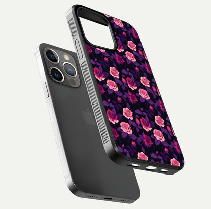 Rose Garden Twilight Glass Case for iPhone 13 Pro floating dual-view mockup displaying gloss surface and depth