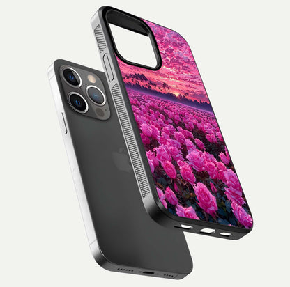 Rose Sunset Valley Glass Case for iPhone 13 Pro floating dual-view mockup showing gloss reflection and art depth