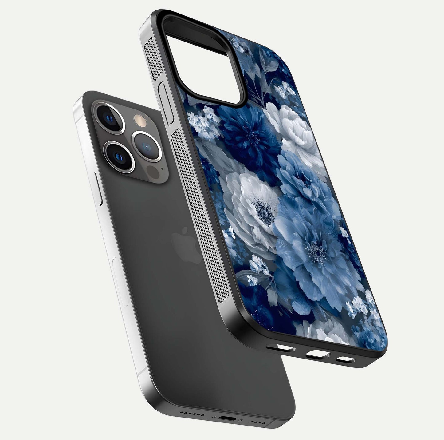 Royal Bloom Garden Glass Case for iPhone 13 Pro floating dual-view mockup displaying gloss and print clarity