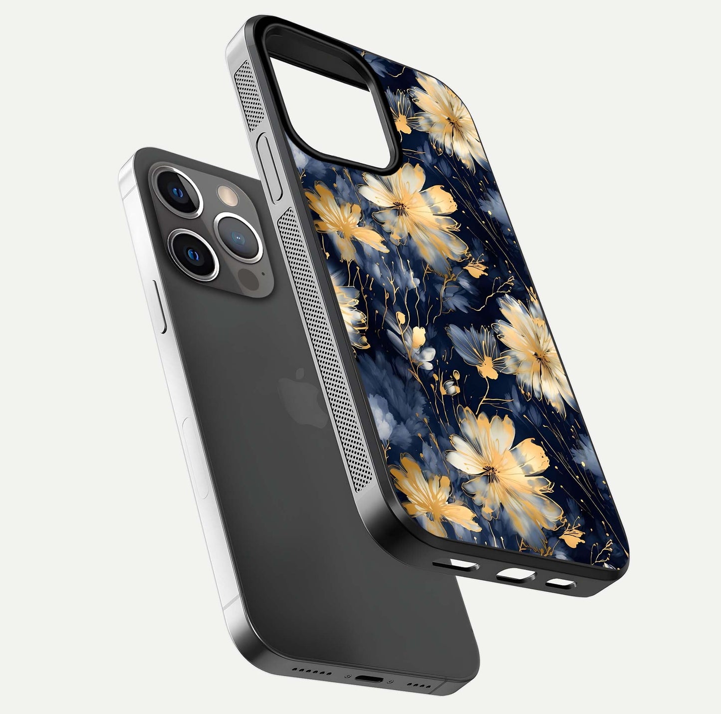 Royal Petal Dream Glass Case for iPhone 13 Pro floating dual-view mockup displaying gloss reflection and tone contrast