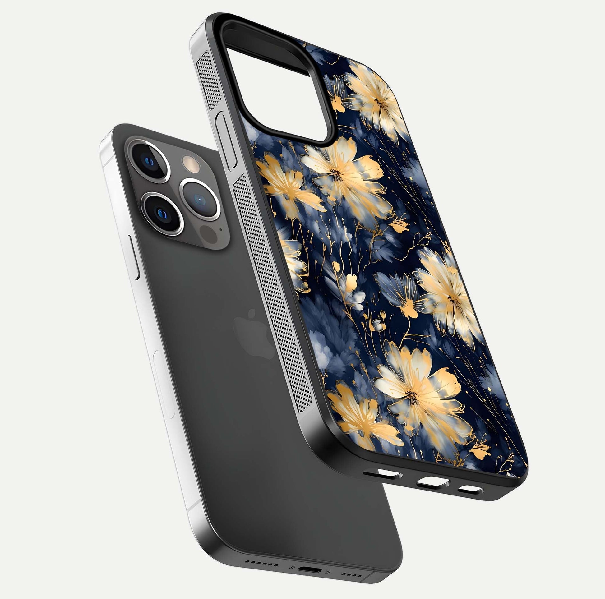 Royal Petal Dream Glass Case for iPhone 13 Pro floating dual-view mockup displaying gloss reflection and tone contrast