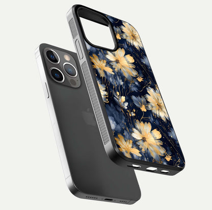 Royal Petal Dream Glass Case for iPhone 13 Pro floating dual-view mockup displaying gloss reflection and tone contrast