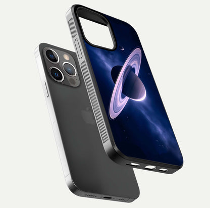 Saturn Ring Mystique Glass Case for iPhone 13 Pro floating dual-view mockup showing gloss finish and star detail