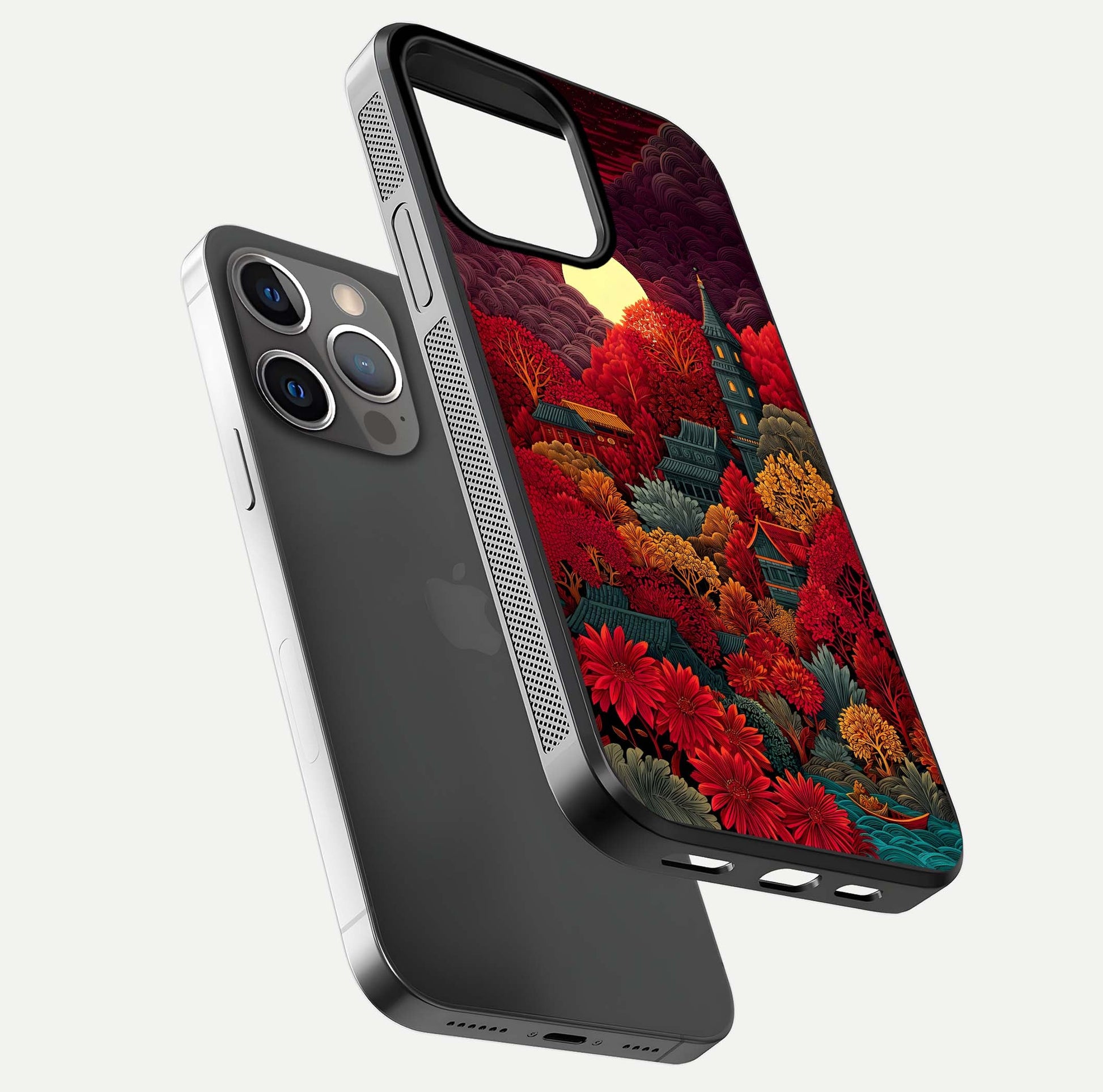 Scarlet Autumn Temple Glass Case for iPhone 13 Pro floating dual-view mockup displaying gloss shine and autumn tones