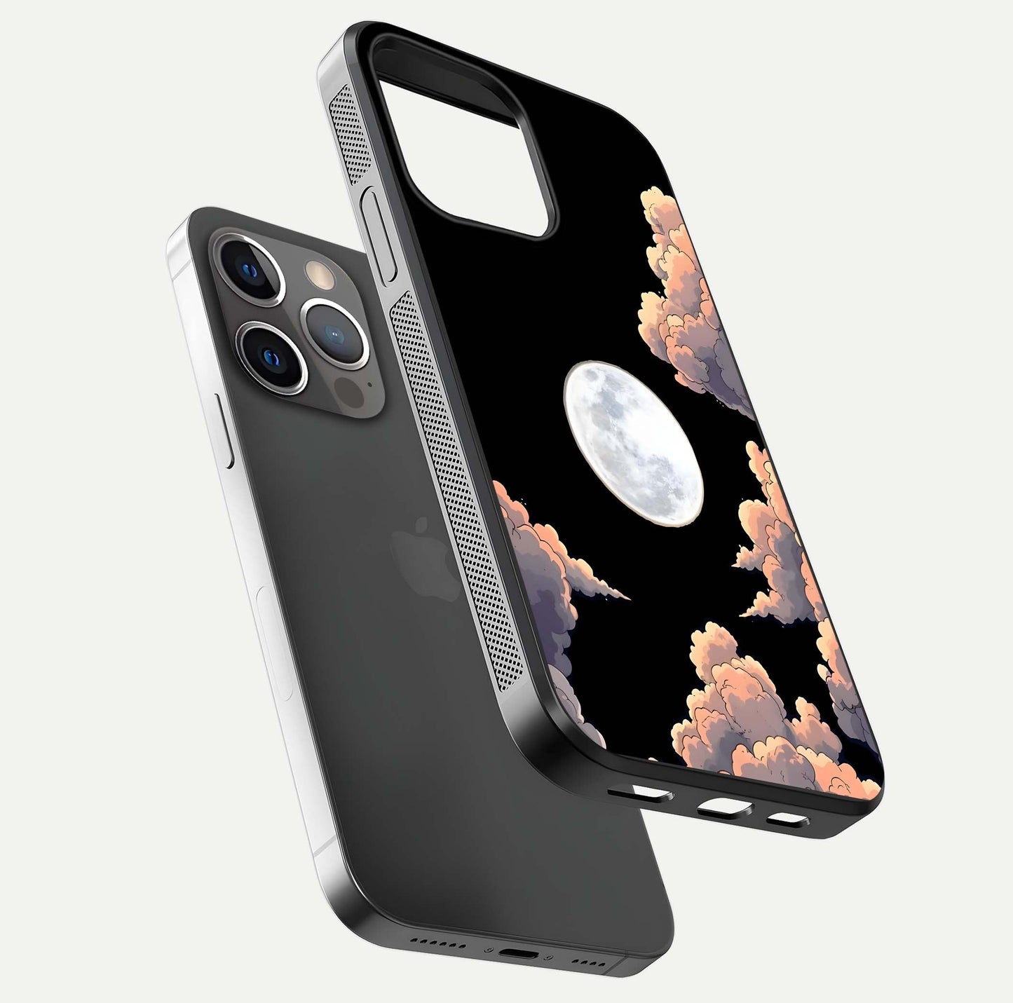 Shade Cloud Moon Glass Case for iPhone 13 Pro floating dual-view mockup showing gloss and celestial texture