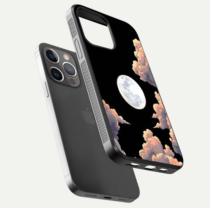 Shade Cloud Moon Glass Case for iPhone 13 Pro floating dual-view mockup showing gloss and celestial texture